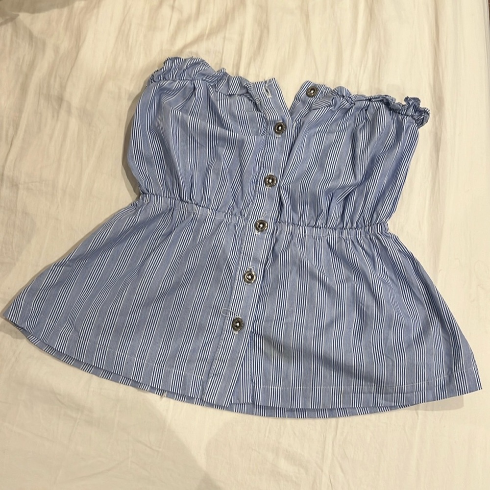 Odille Strapless Blue & White Stripes Cinched Waist Ruffle Front Button Top sz 0